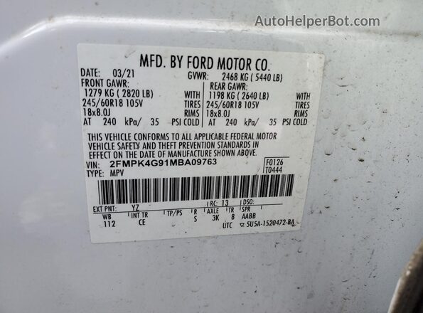 2FMPK4G91MBA09763 2021 FORD EDGE White Widok naklejki z numerem VIN