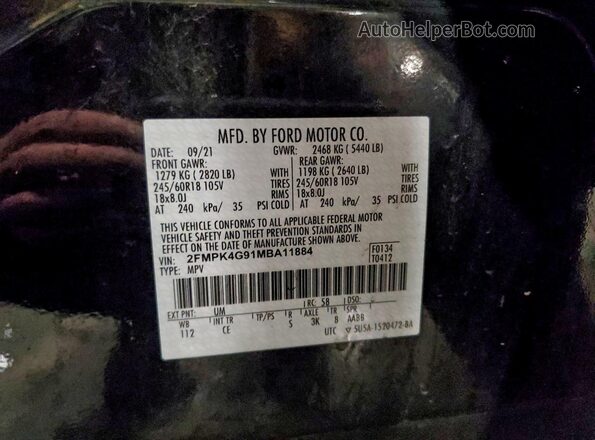 2FMPK4G91MBA11884 2021 FORD EDGE Black Widok naklejki z numerem VIN