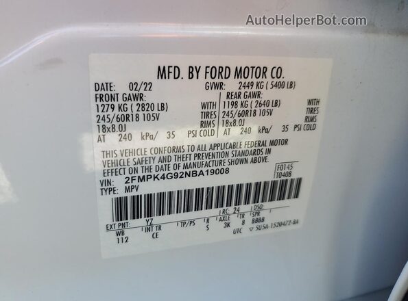 2FMPK4G92NBA19008 2022 FORD EDGE White სალონის 360-გრადუსიანი ხედი