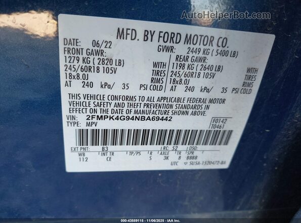 2FMPK4G94NBA69442 2022 FORD EDGE Blue Вид підкапотного простору