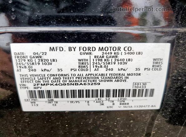 2FMPK4G95NBA63259 2022 FORD EDGE Black Vista interior de 360 grados