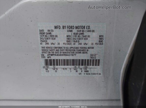 2FMPK4G9XRBA31977 2024 FORD EDGE White Вид підкапотного простору
