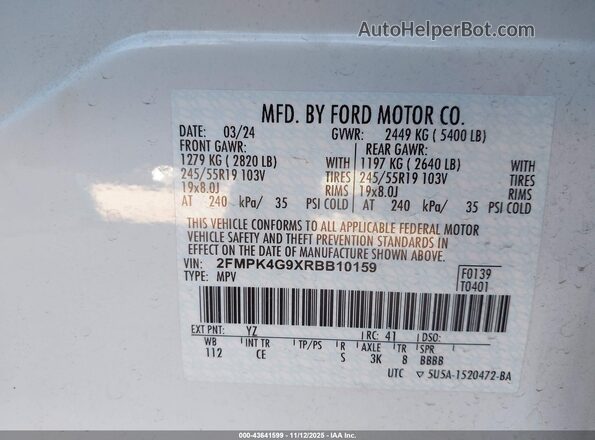 2FMPK4G9XRBB10159 2024 FORD EDGE Белый Вид подкапотного пространства