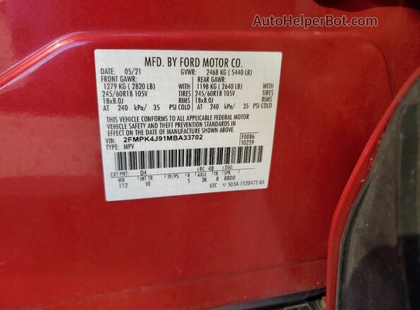 2FMPK4J91MBA33702 2021 FORD EDGE Red 