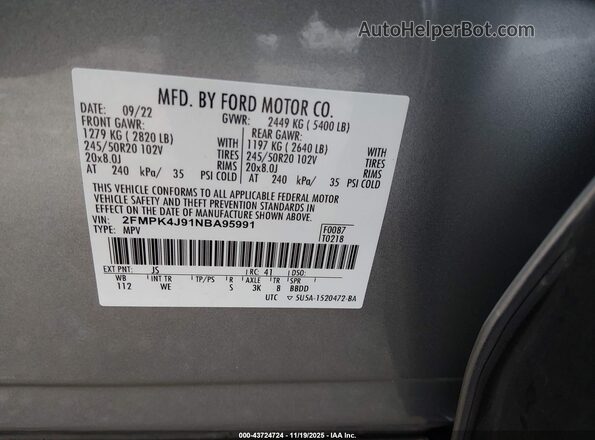 2FMPK4J91NBA95991 2022 FORD EDGE Silver Вид підкапотного простору