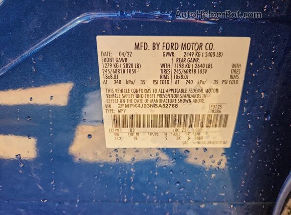 2FMPK4J93NBA52768 2022 FORD EDGE Blue Widok naklejki z numerem VIN