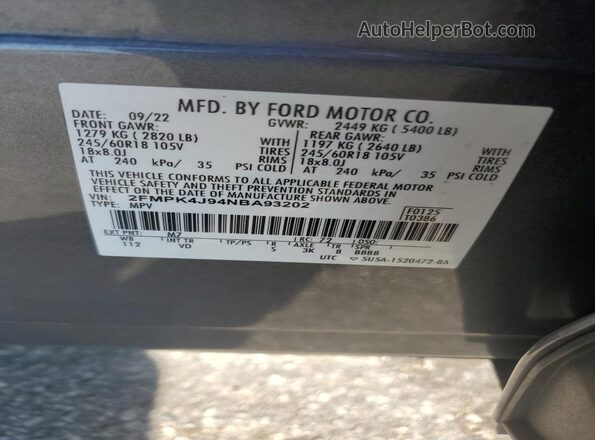 2FMPK4J94NBA93202 2022 FORD EDGE Gray Вид наклейки з VIN-кодом