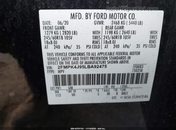 2FMPK4J95LBA92475 2020 FORD EDGE Black Engine compartment view