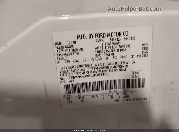 2FMPK4J95LBB51380 2020 FORD EDGE White Vista del compartimento del motor