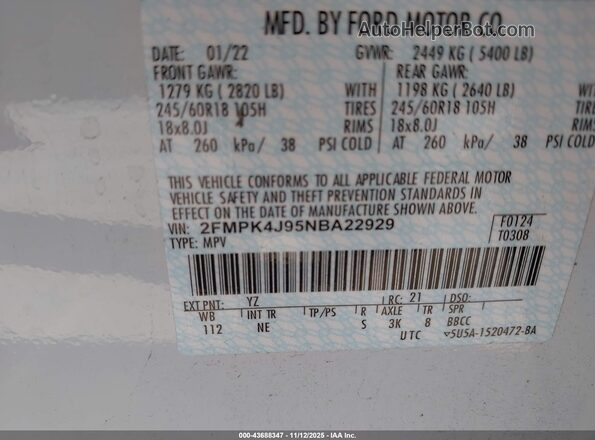 2FMPK4J95NBA22929 2022 FORD EDGE White Vista del compartimento del motor