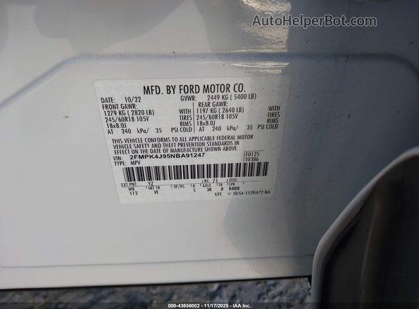 2FMPK4J95NBA91247 2022 FORD EDGE White ძრავის განყოფილების ხედი