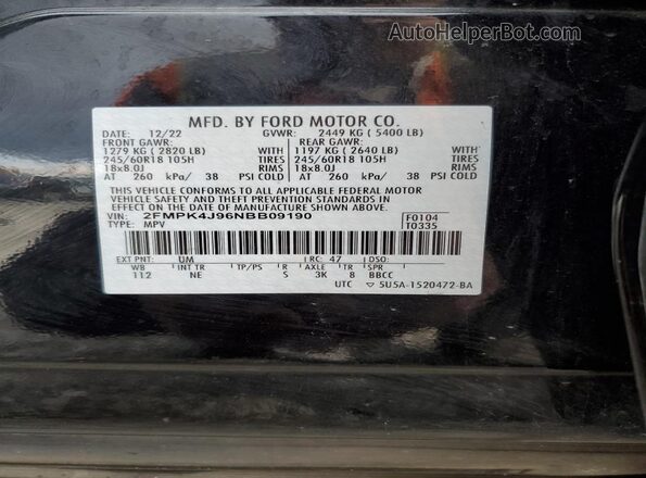 2FMPK4J96NBB09190 2022 FORD EDGE Black Vista de la etiqueta del VIN
