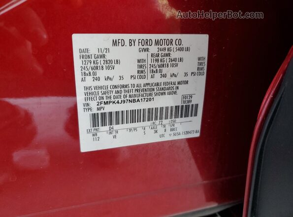 2FMPK4J97NBA17201 2022 FORD EDGE Red Շարժիչի բաժամունքի տեսք