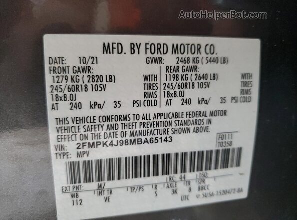 2FMPK4J98MBA65143 2021 FORD EDGE Gray VIN sticker view