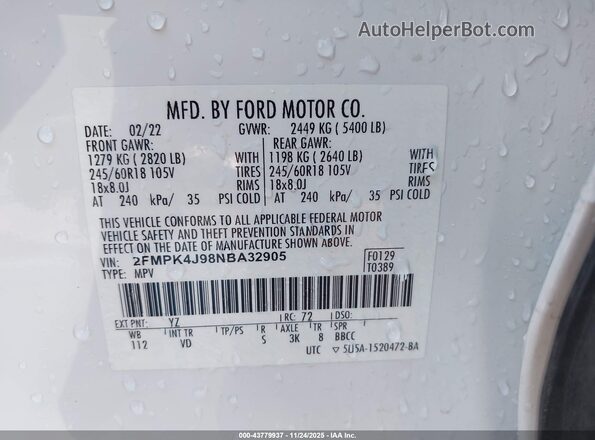 2FMPK4J98NBA32905 2022 FORD EDGE White Vista del compartimento del motor