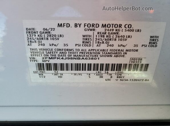 2FMPK4J98NBA63801 2022 FORD EDGE White Widok naklejki z numerem VIN