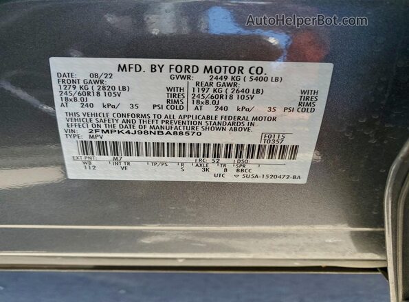 2FMPK4J98NBA88570 2022 FORD EDGE Charcoal Vista de la etiqueta del VIN