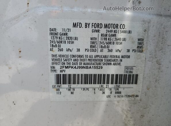 2FMPK4J99NBA15529 2022 FORD EDGE White Widok naklejki z numerem VIN