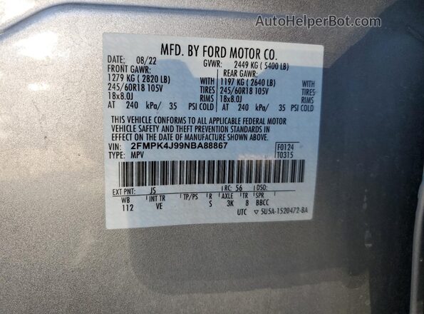 2FMPK4J99NBA88867 2022 FORD EDGE Silver Widok naklejki z numerem VIN