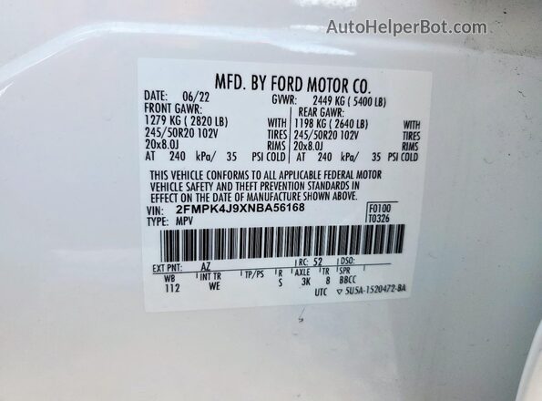 2FMPK4J9XNBA56168 2022 FORD EDGE White Widok wnętrza 360 stopni
