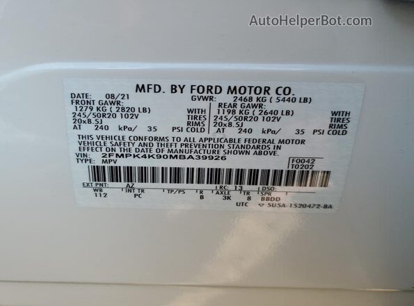 2FMPK4K90MBA39926 2021 FORD EDGE White VIN կոդի պիտակի տեսք