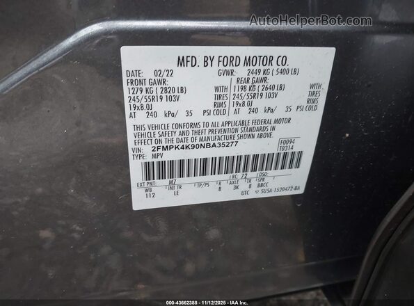2FMPK4K90NBA35277 2022 FORD EDGE Gray Вид підкапотного простору