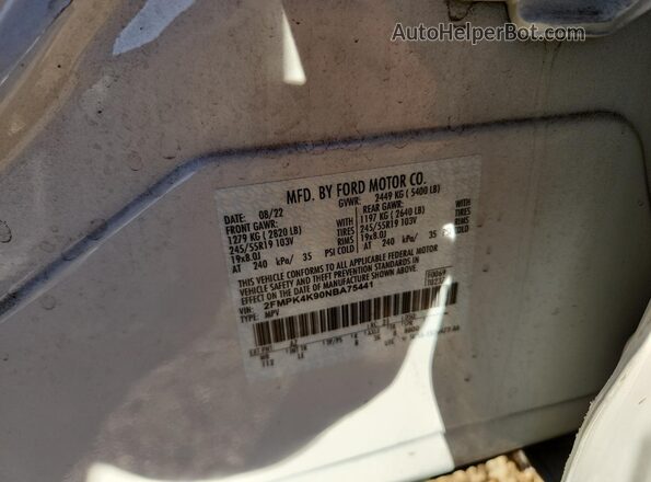 2FMPK4K90NBA75441 2022 FORD EDGE White VIN კოდის სტიკერის ხედი