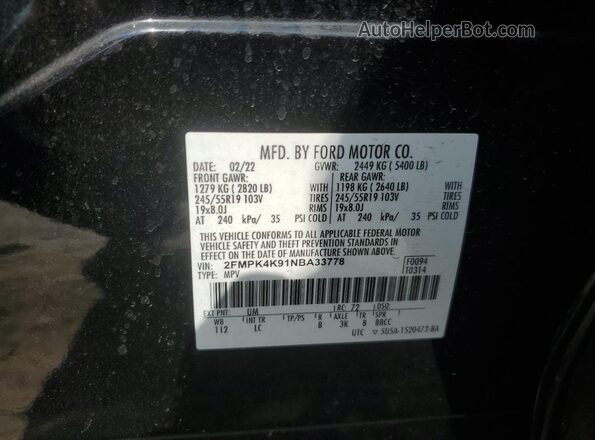 2FMPK4K91NBA33778 2022 FORD EDGE Black Widok wnętrza 360 stopni