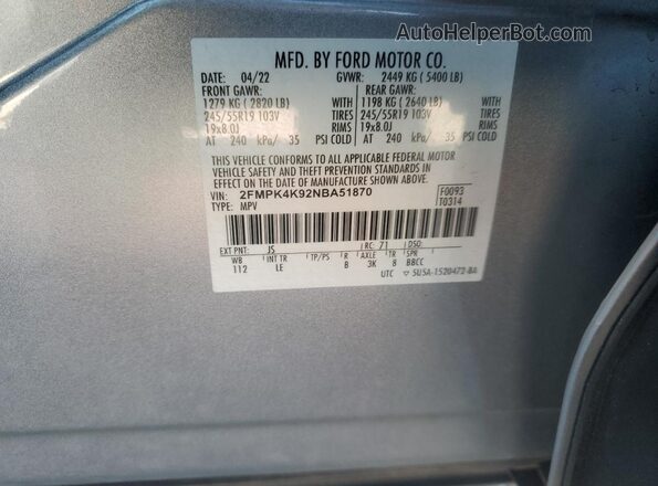 2FMPK4K92NBA51870 2022 FORD EDGE Серебряный Панорамный вид салона 360°