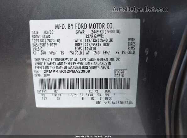 2FMPK4K92PBA23909 2023 FORD EDGE Gray 