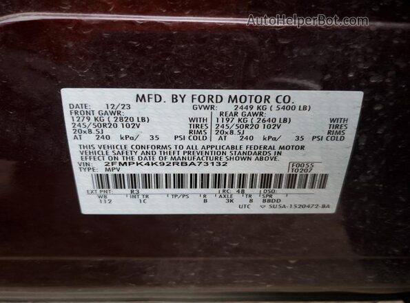 2FMPK4K92RBA73132 2024 FORD EDGE Burgundy Vista interior de 360 grados