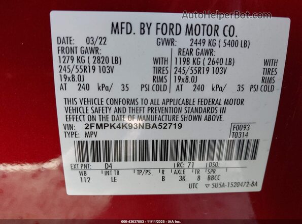 2FMPK4K93NBA52719 2022 FORD EDGE Red Շարժիչի բաժամունքի տեսք