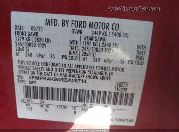 2FMPK4K98RBA28714 2024 FORD EDGE Red ძრავის განყოფილების ხედი
