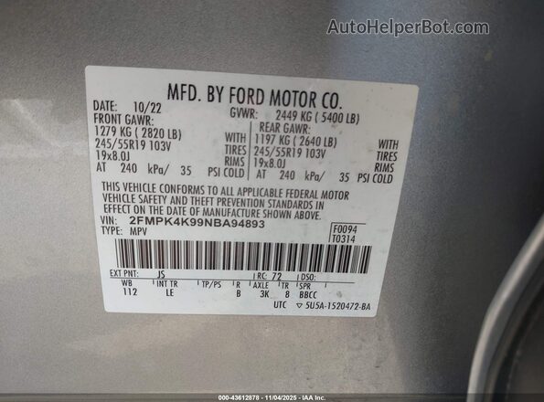 2FMPK4K99NBA94893 2022 FORD EDGE Серебряный Вид подкапотного пространства