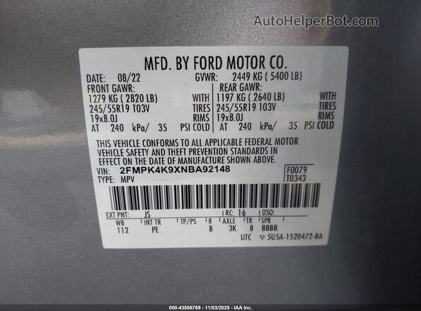 2FMPK4K9XNBA92148 2022 FORD EDGE Silver Vista del compartimento del motor