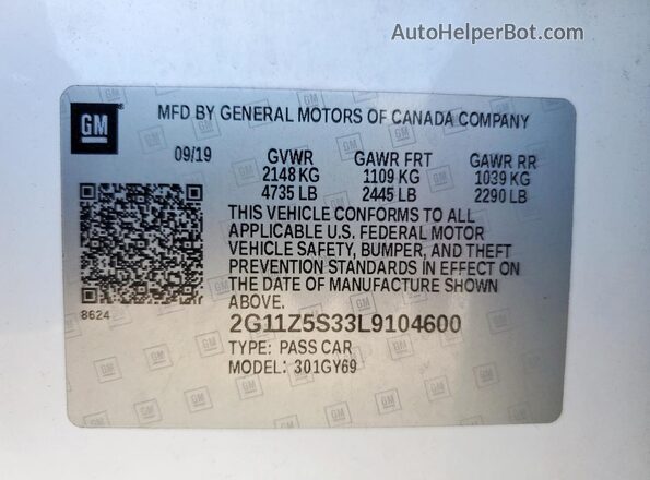 2G11Z5S33L9104600 2020 CHEVROLET IMPALA Белый Вид наклейки с VIN-кодом
