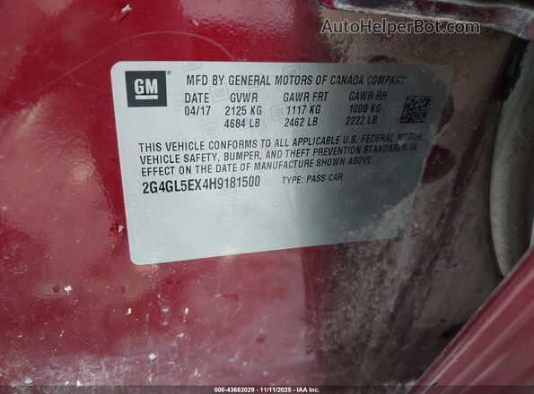 2G4GL5EX4H9181500 2017 BUICK REGAL Burgundy Вид підкапотного простору