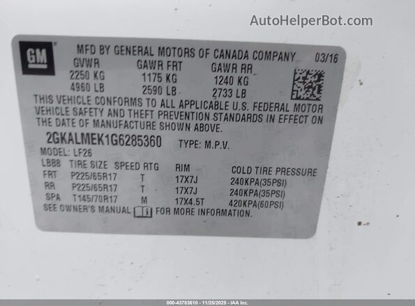 2GKALMEK1G6285360 2016 GMC TERRAIN White Շարժիչի բաժամունքի տեսք