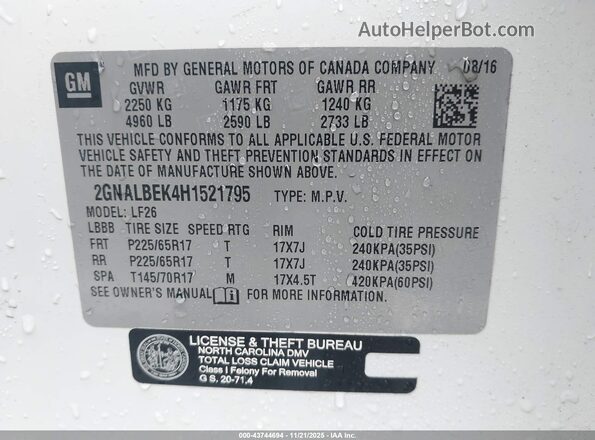 2GNALBEK4H1521795 2017 CHEVROLET EQUINOX White Շարժիչի բաժամունքի տեսք