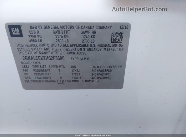 2GNALCEK2H6263690 2017 CHEVROLET EQUINOX White Շարժիչի բաժամունքի տեսք