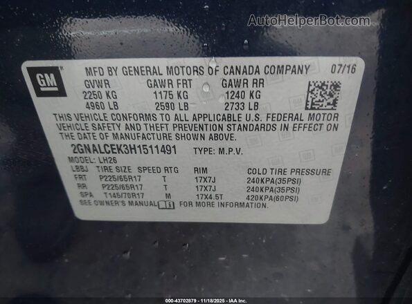 2GNALCEK3H1511491 2017 CHEVROLET EQUINOX Blue Widok komory silnika
