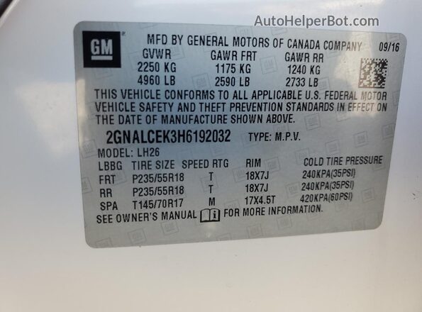 2GNALCEK3H6192032 2017 CHEVROLET EQUINOX White Вид наклейки з VIN-кодом