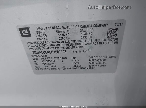2GNALCEK6H1587108 2017 CHEVROLET EQUINOX Silver Vista del compartimento del motor