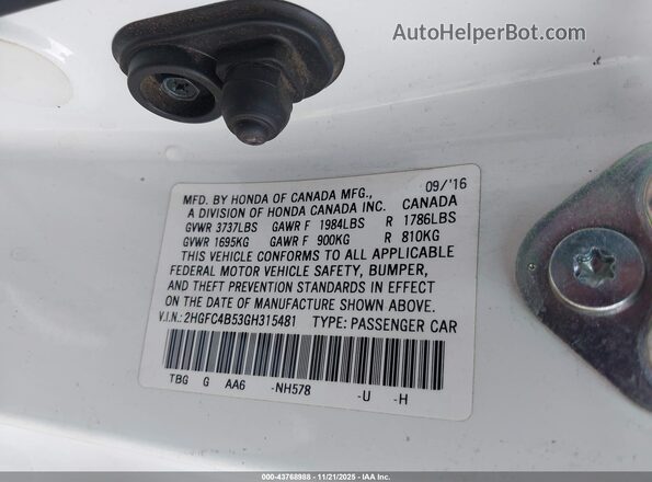 2HGFC4B53GH315481 2016 HONDA CIVIC Белый Вид подкапотного пространства