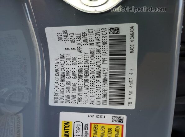 2HGFE1E50NH474752 2022 HONDA CIVIC Серый Вид подкапотного пространства