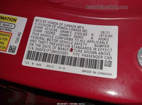 2HGFE1F73NH303963 2022 HONDA CIVIC Red ძრავის განყოფილების ხედი