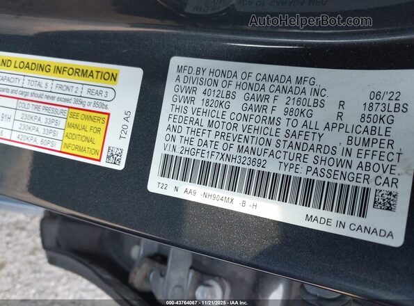 2HGFE1F7XNH323692 2022 HONDA CIVIC Gray Շարժիչի բաժամունքի տեսք