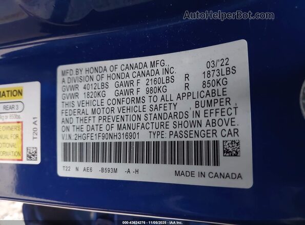 2HGFE1F90NH316901 2022 HONDA CIVIC Blue Շարժիչի բաժամունքի տեսք