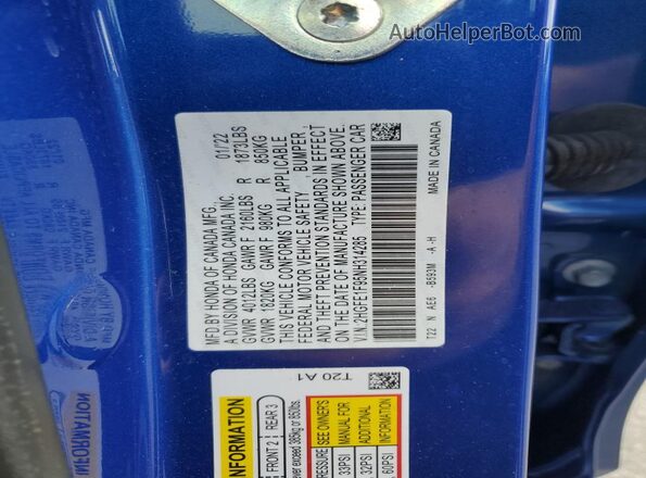 2HGFE1F95NH314285 2022 HONDA CIVIC Blue Vista del compartimento del motor