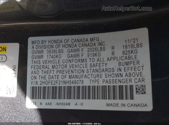 2HGFE2F21NH549078 2022 HONDA CIVIC Gray Widok komory silnika